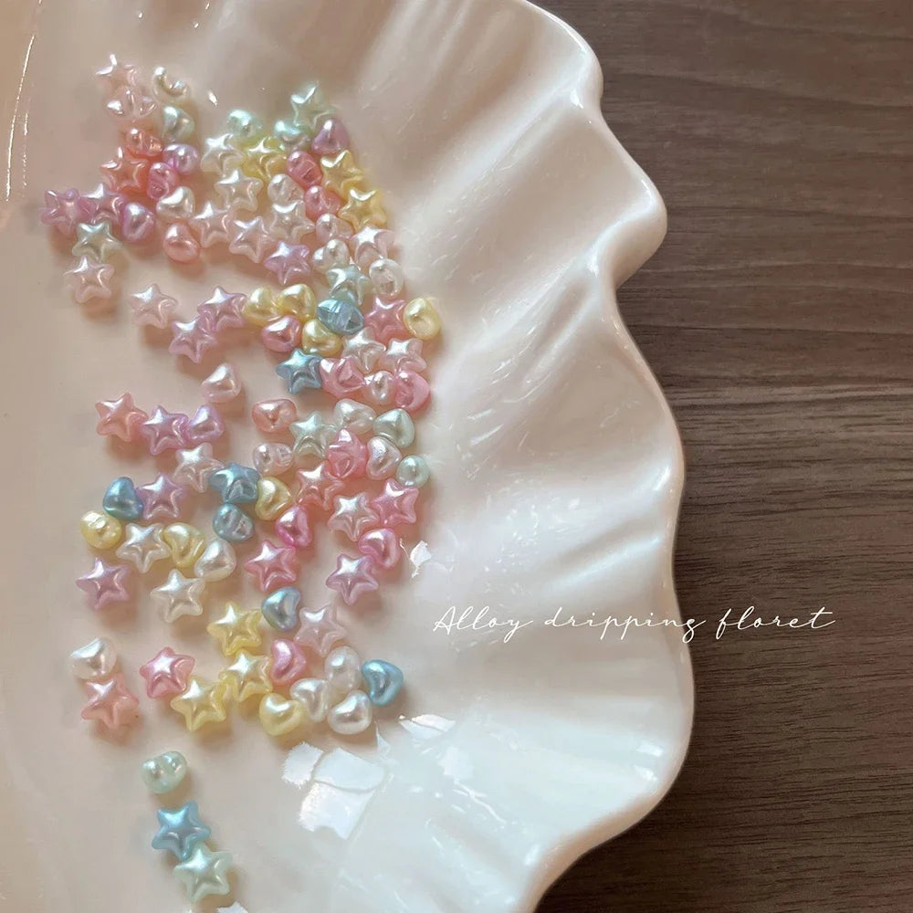 100PCS 2PACKS Macaron Star Heart 3D Pearlescent Pearl Rhinestone Nail Charms Mixed Color 6.5*10mm for Manicure DIY Love Heart Pi-Mart