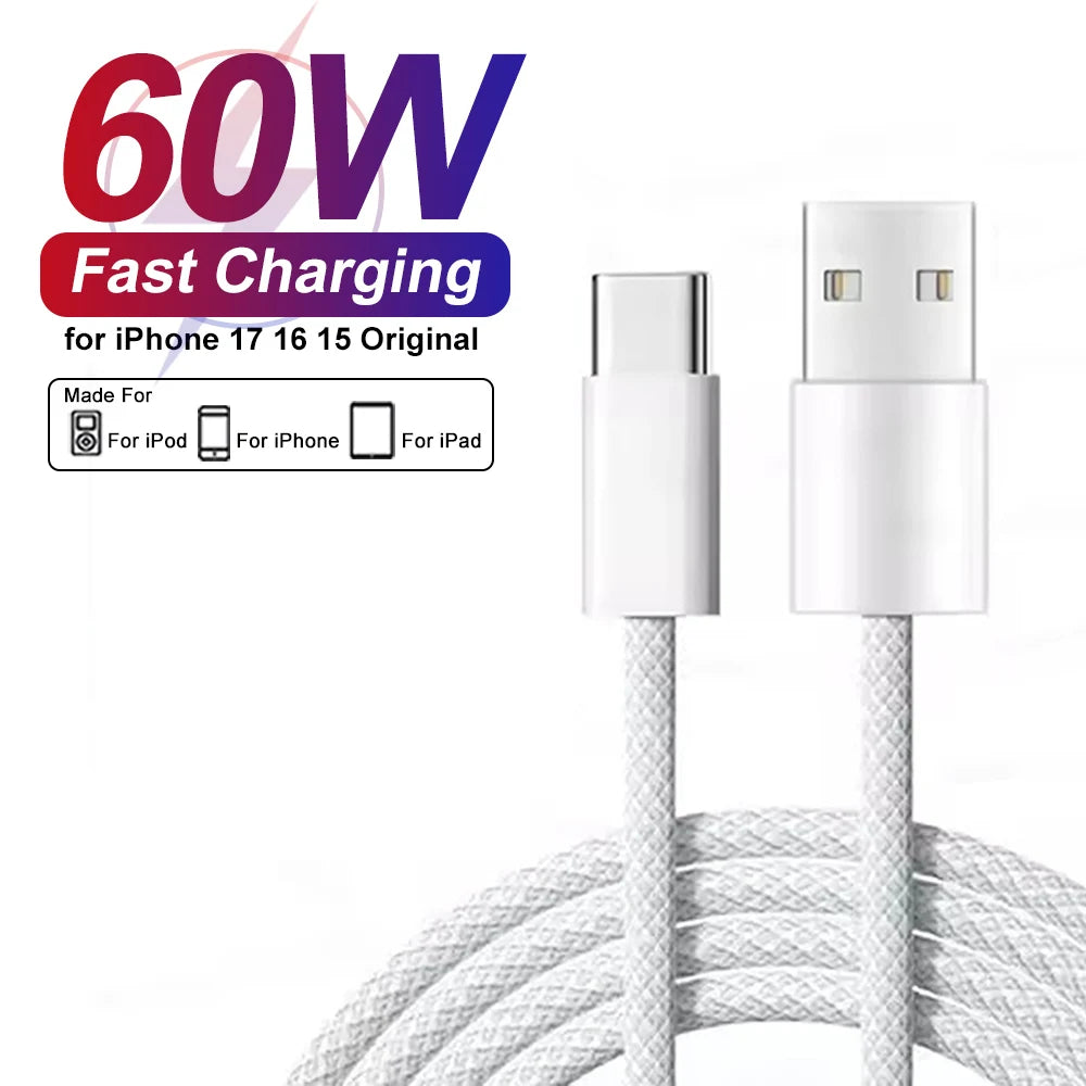 60W USB C Phone Cable For iPhone 16 15 17 Pro Max 17 Air Plus Fast Charging Type-C Charge Braided Cables USB to Type C Data Line Pi-Mart