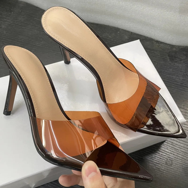 New Summer Women's High-heeled Sandals Simple Transparent High-heeled Slippers Stiletto Pointed Open-toed Slippers Mules LadyShow.Store