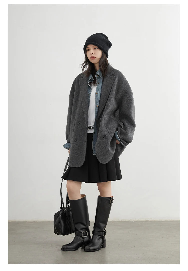 CHIC VEN New Women Woolen Coat Loose Solid Mid-length Double-sided Oversized Office Ladies Jackets Outerwear Autumn Winter 2026 Pi-Mart