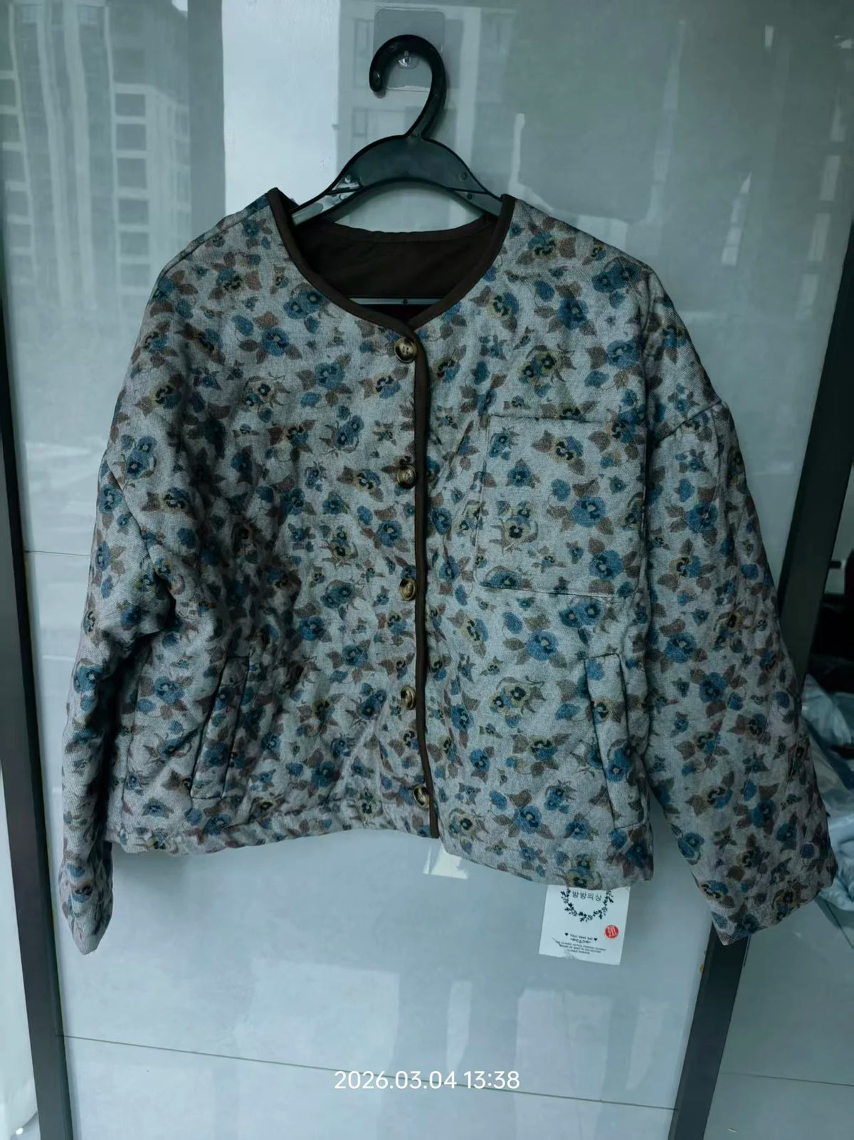 Korean Style Retro Floral Cotton Jacket For Women's Autumn Spring 2026 Fashion,Warm Round Neck Short Quilted Top w1519 Pi-Mart