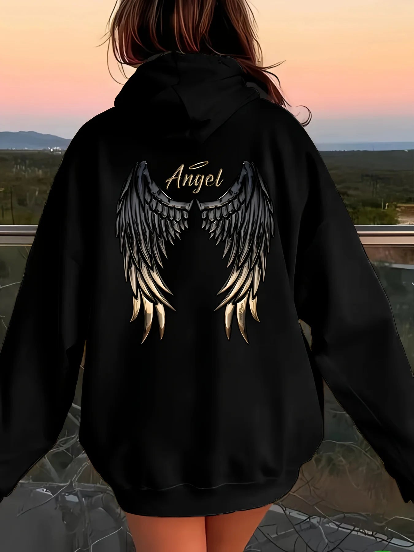 Women's Casual Hoodie with Angel Wings Graphic Drawstring Detail Kangaroo Pocket Perfect for Fall  Winter Playful Design Trendy LadyShow.Store