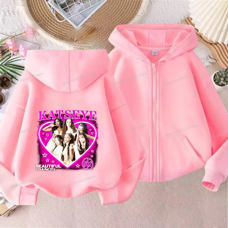 Fashion K POP K-KATSEYE Thin Jacket Cute Printed Coat Girls Sports Clothe Outdoor Workout Casual Top Trendy Birthday Kids Gifts Pi-Mart
