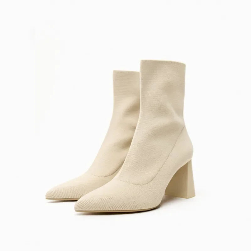 Autumn Winter Knitted Stretch Fabric Socks Boots Women Low Heel Short Boots Pointed Toe Female Ankle Booties Size 42 Pi-Mart