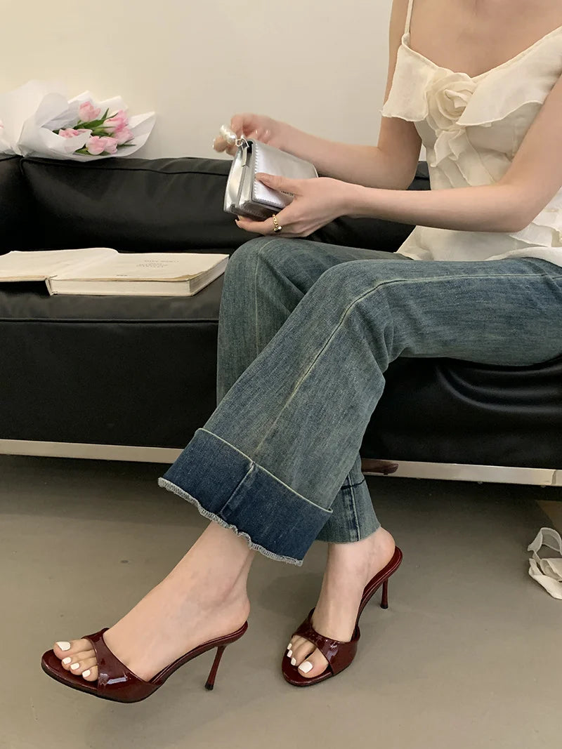 Liyke Wine Red Patent Leather Women Slippers Sandals Fashion Round Open Toe Thin High Heels Mules Slides Summer Party Dress Shoe Pi-Mart