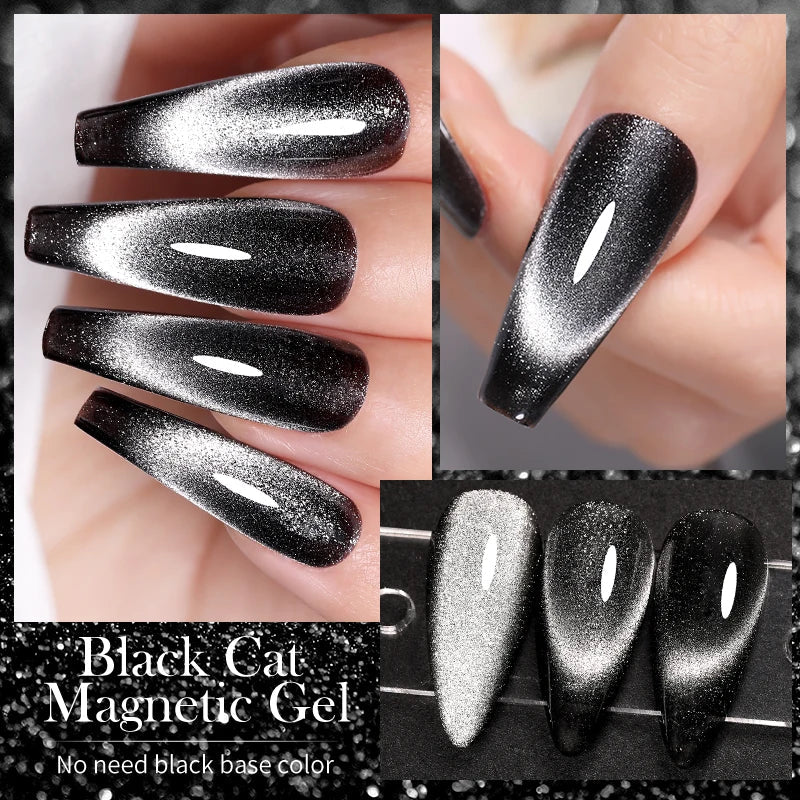 LILYCUTE 7ML Black Crystal Cat Magnetic Gel Sparkling Glitter Gel Nail Polish Semi Permanent UV Gel Nail Art No Need Base Color Tri Light Beauty