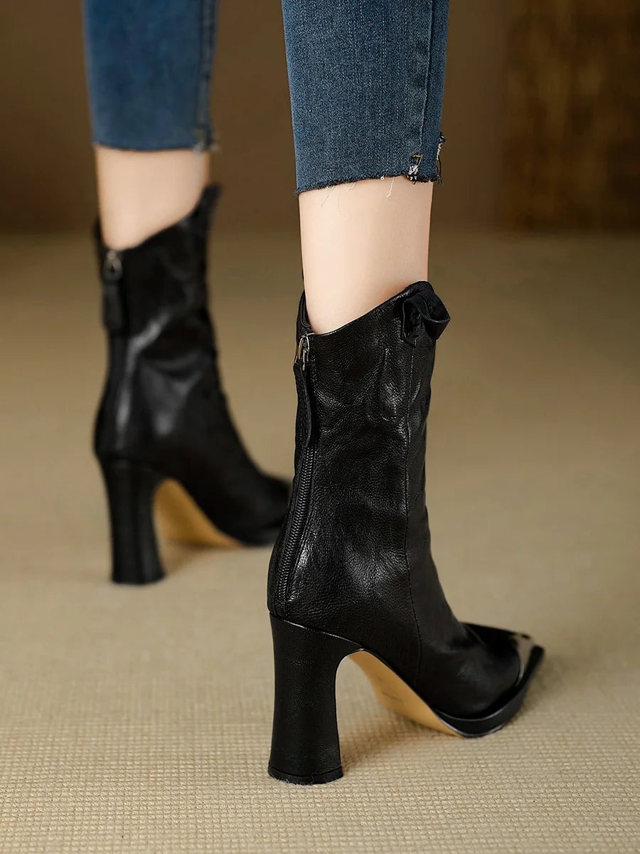 2024 New Metal Square Toe Ankle Boots for Women Fashion Patent Leather Women's Shoes Botas Mujer High Heels Shoes Women Zapatos Pi-Mart