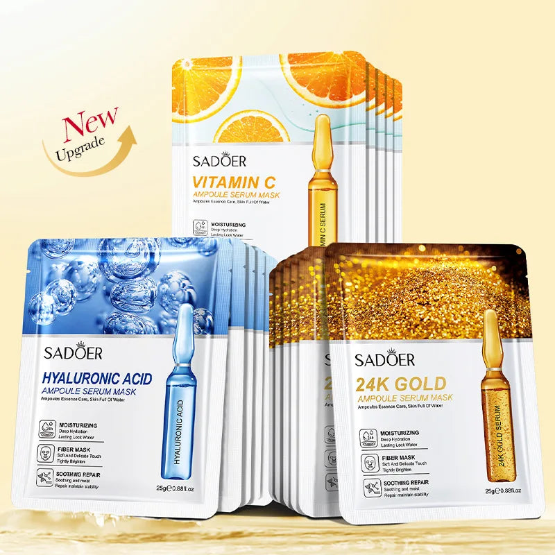 10pcs SADOER 24K Gold Vitamin C Hyaluronic Acid Face Mask Facial Moisturizing Firming Hydrating Facial Masks Skin Care Products Pi-Mart
