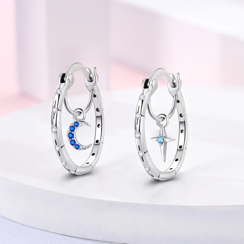 925 Sterling Silver Hoop Earring For Woman Night Sky Blue Purple Gemstone Original Earrings Fashion Jewelry Gift Pi-Mart