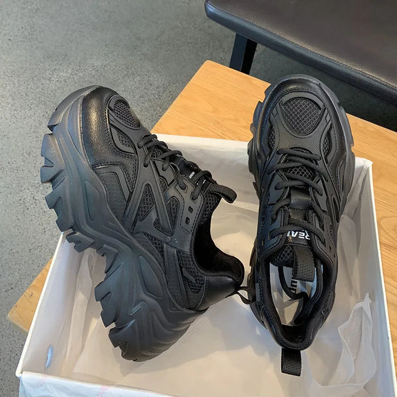 Women New Fashion Platform Sport Shoes Women 2024 New Summer Black Casual Chunky Sneakers Women Mesh Leather Platform Shoes Pi-Mart