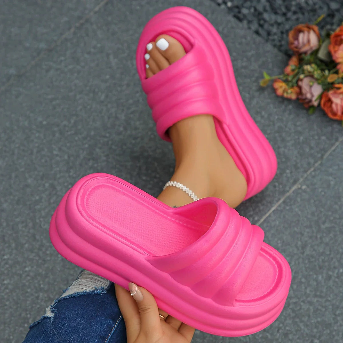 Hot Pink Chunky Platform Slippers Women Summer 2024 Thick Bottom Wedge Heels Sandals for Woman Non Slip Outdoor Flip Flops Mujer LadyShow.Store