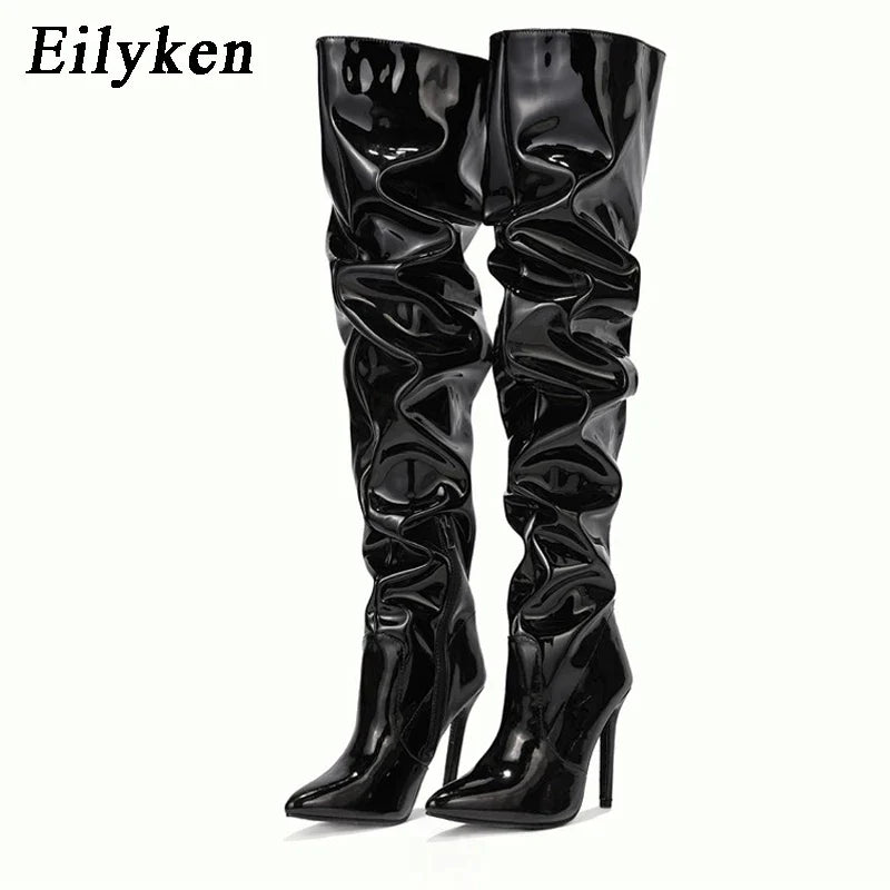 Eilyken Red Women Over The Knee Boots High Heels Patent Leather Solid Pointed Toe Stiletto Side Zipper Sapatos Femininos LadyShow.Store
