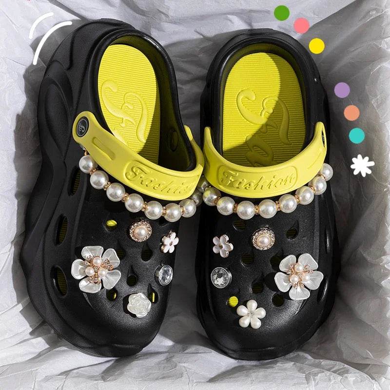 Summer Fashion Pearl Chain DIY Clogs Women 2025 Chunky Platform Slip On Sandals Women Thick Bottom EVA Slippers Shoes Woman Heel LadyShow.Store