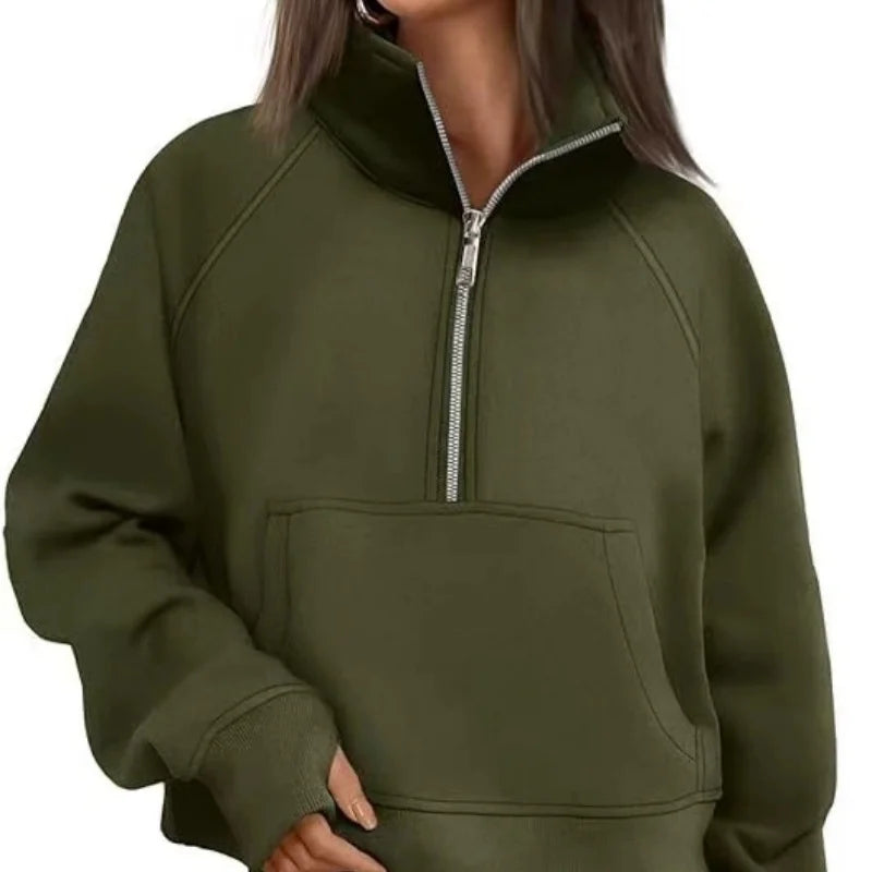 New Women's Spring Autumn Winter Stand Collar Plus Fleece Solid Color Hoodie Long Sleeve Pocket Loose Half Zip Pullover Hoodie Pi-Mart