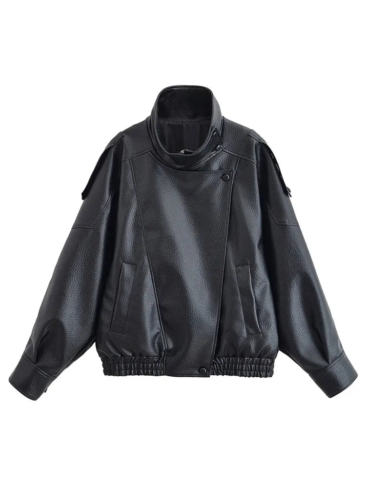 HH Autumn Faux Leather Jacket For Women Casual Solid Long Sleeve Zipper Pu Leather Coats New Fashion Female Streetwear Pi-Mart