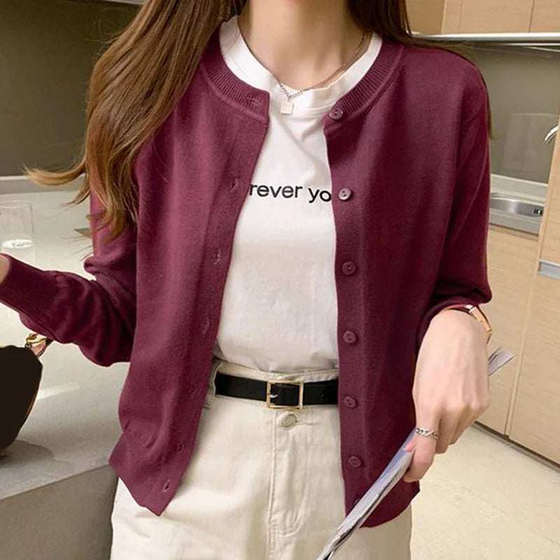 Rimocy Knitted Cardigan Jacket Women 2025 Spring Autumn Round Neck Casual Cardigans Woman Solid Color Slim Korean Jumpers Female LadyShow.Store