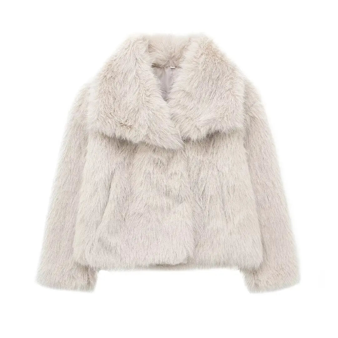 HH Women Fashion Cropped Faux Fur Jacket Coat Long Sleeve Front Snap-button Female Outerwear Chic Lapel Collar Thick Coat LadyShow.Store