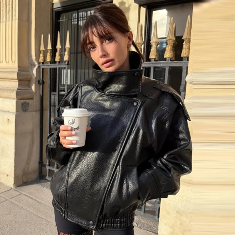 HXAO New Arrival Women's Bomber Jacket Leather Black Jackets Cropped Oversize Outerwears Zip-Up Long Sleeve Coats Outdoor Jacket Pi-Mart