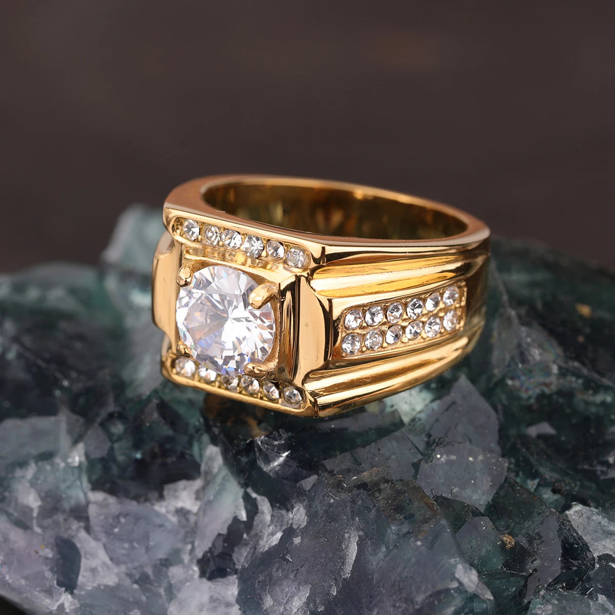 Keisha Lena AAAAA Zircon Men Ring Stainless Steel 18K Gold Plated Engagement Rings For Man Jewelry Waterproof Allergy-Resistant Pi-Mart