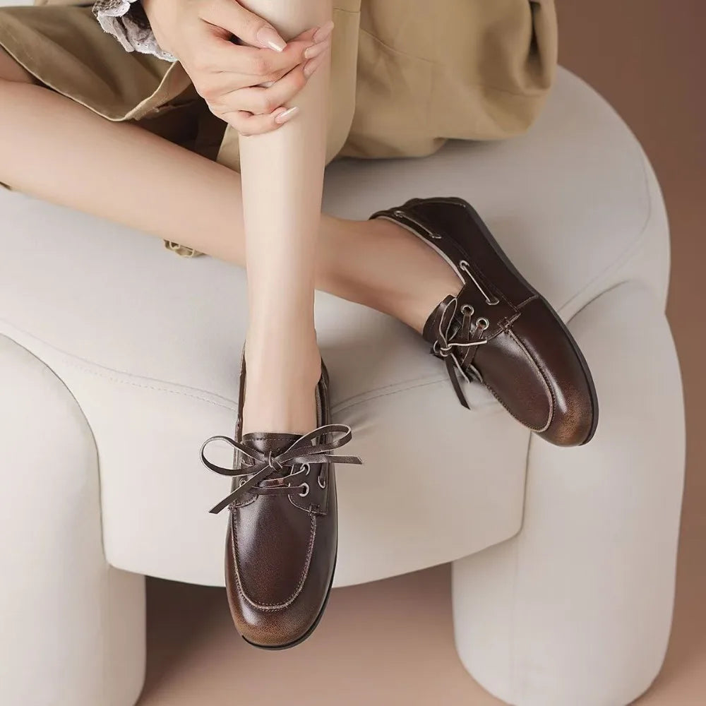Leather Shoes for Women 2026 Spring and Autumn Sheepskin Worn Dirty Tied Soft Soled Loafer Shoes Retro One Foot Women's Shoe Pi-Mart