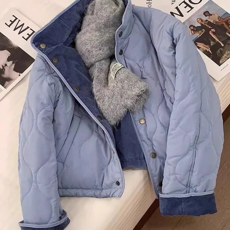 MEXZT Corduroy Parka Women Fashion Patchwork Puffer Jacket Winter Korean Down Coats Long Sleeve Casual Cotton Padded Outerwears LadyShow.Store