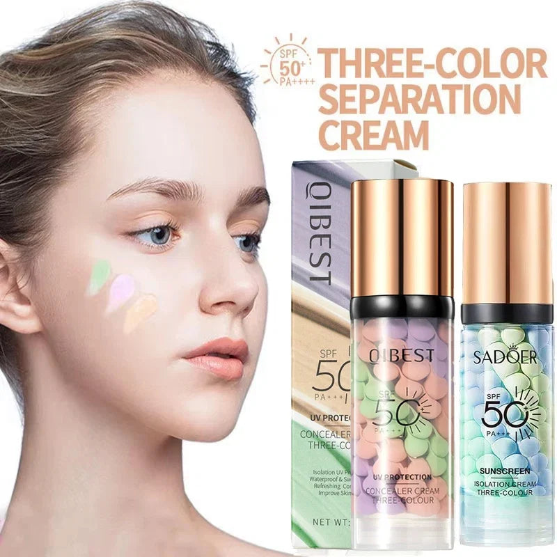 Face Makeup Primer Tri-color Cream Contour Color Isolation Waterproof Makeup Foundation Natural Makeup Base Cream 40g Tri Light Beauty
