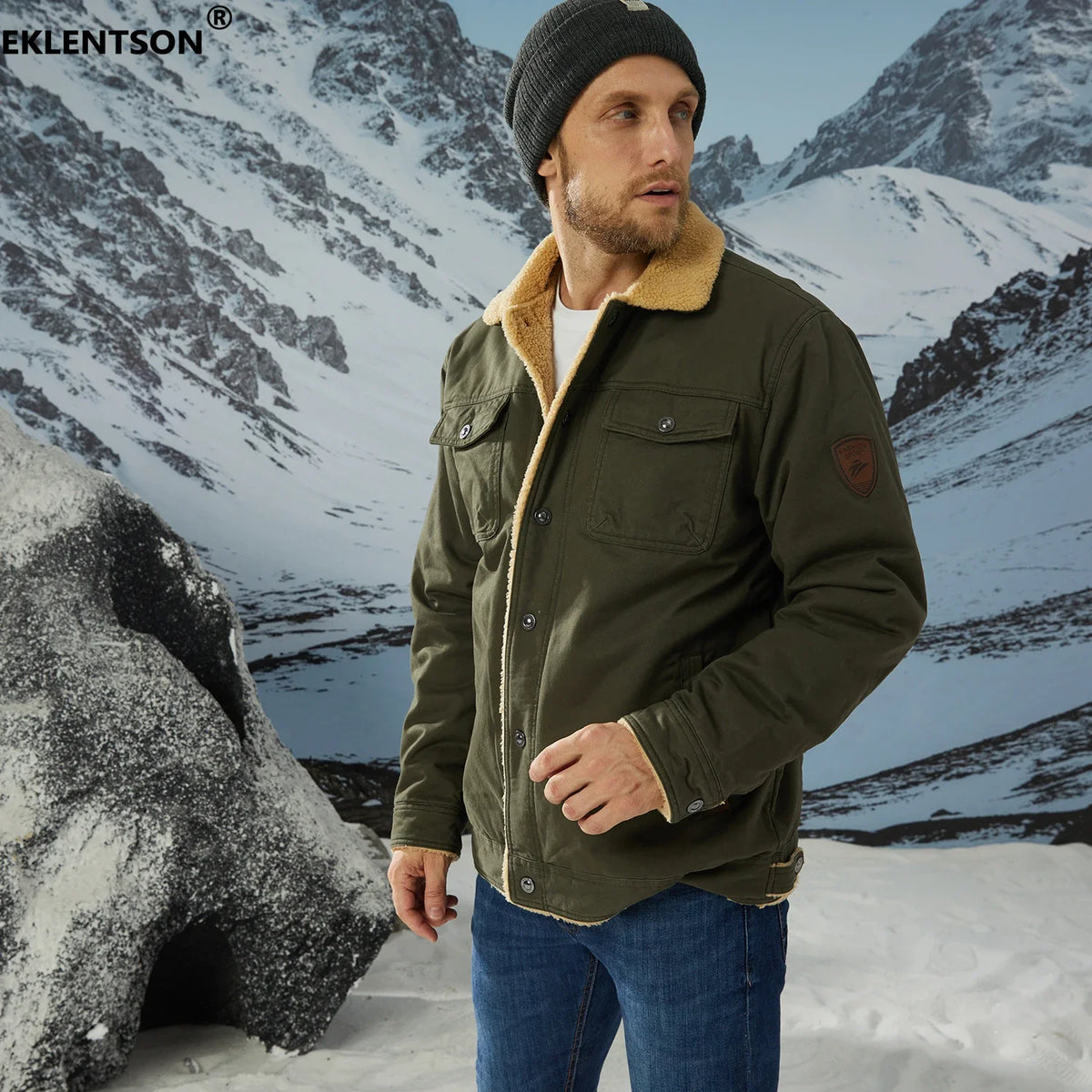 EKLENTSON Winter Fleece Hiking Jackets Men Thermal Windproof Coat Outdoor Thick Warm Cotton Cargo Work Jacket Travel Outerwear Pi-Mart