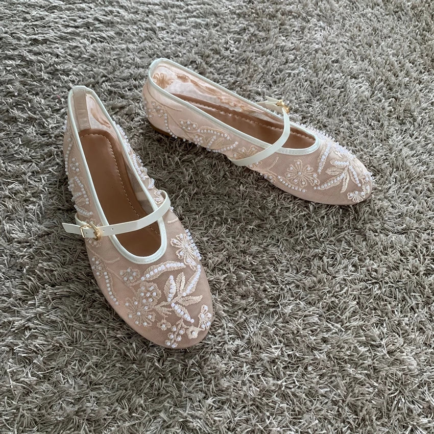 Mesh Embroidery String Bead Design Women Ballet Flats Fashion Buckle Breathable Mary Jane Shoe Comfort Low Heel Soft Flat Sandal Pi-Mart