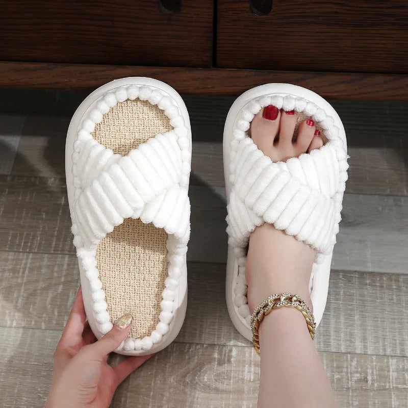 2024 Autumn Winter New Women Home Slippers Open-Toe Cross Band Linen Soled Indoor Slides Linen Soled Non-Slip Bathroom Slippers Pi-Mart