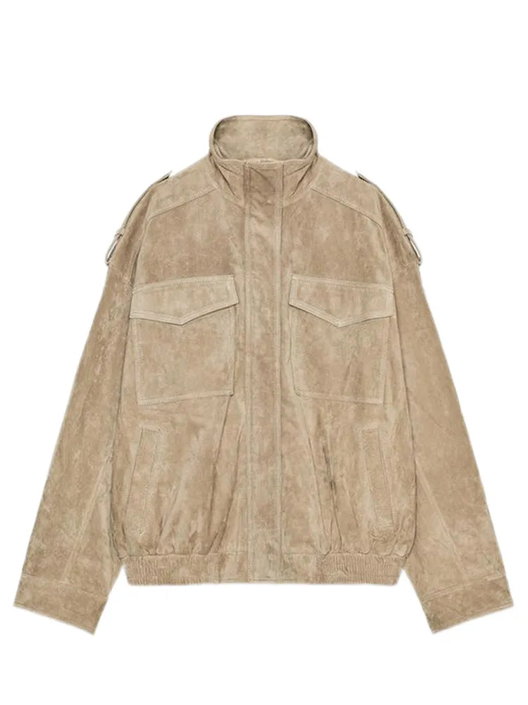 Brown Retro Suede Lapel Zippered Short Jackets Women's Casual Full Sleeves Pocket Loose Coats 2026 Spring Daily Commute Outwear LadyShow.Store