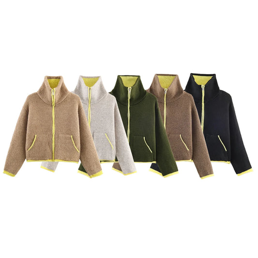 2025 Winter New Product Women's Lazy Style Loose Contrasting Color Decorative Layer Knitted Pilot Jacket Coat LadyShow.Store