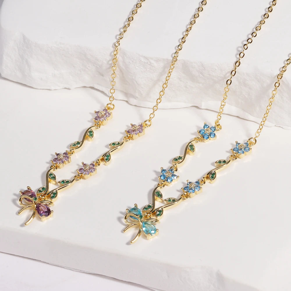 Summer New Fashion Exquisite Bow Leaf Flower Necklace For Women's Elegant Pink Zircon Chain Pendant Jewelry Gifts Pi-Mart