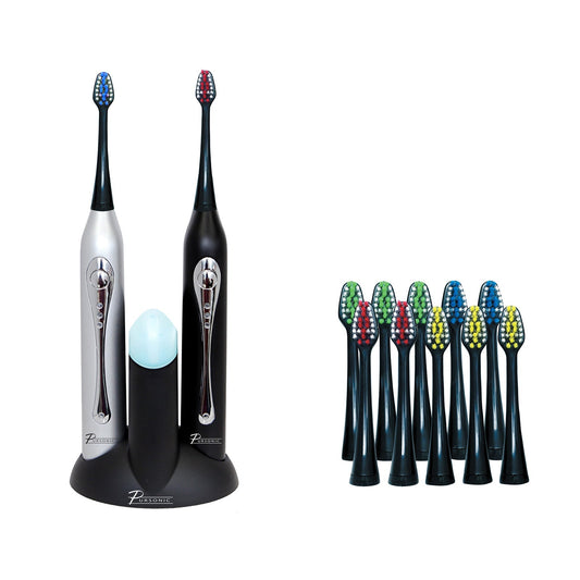 Dual Handle Ultra High Powered Sonic Electric Toothbrush with Dock Charger, 12 Brush Heads & More!-Black and Silver LuxuryLifeWay Online Store