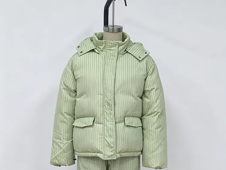 Women Striped Hooded Puffer Two Piece Outfit Oversized Cropped Jacket Baggy Pants Set Daily Outdoor Fashion Matching Outfit LadyShow.Store