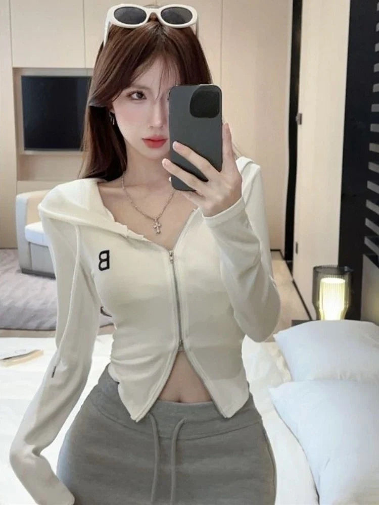 Y2k American Vintage Zip Up Hoodies 2000s Long Sleeve Subculture Hooded Sweatshirt Hot Girl Letter Short Slim Autumn Coat Chic LadyShow.Store