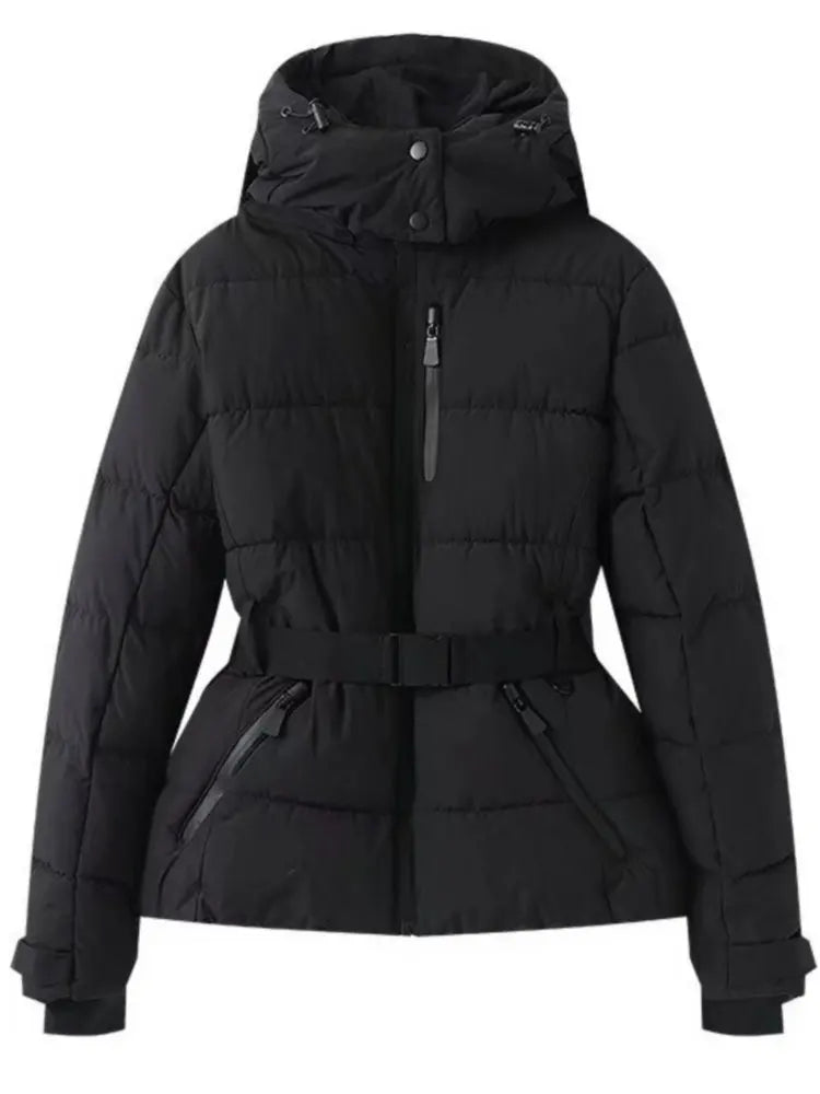 Women's Winter Hooded High Waist Padded Sport Parkas Coats with Belt Female Elegant Thick Warm Pockets Windproof Skiing Jackets LadyShow.Store