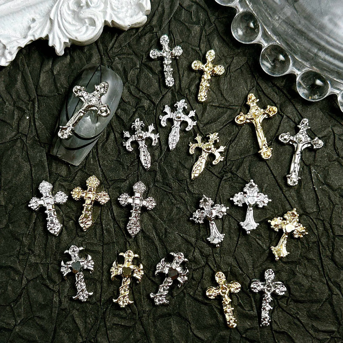 20PCS 3D Light Luxury Classic Cross Nail Charms Creative Exquisite Retro Alloy Cross Nail Art Decorations for DIY Cool Manicure Pi-Mart