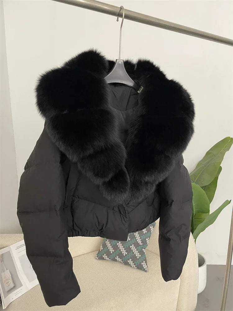 Down Jacket Women Short Puffer Jacket Thick New Big Natural Real Fox Fur Coat  Autumn Winter Female White Duck Down Coat Feather LadyShow.Store