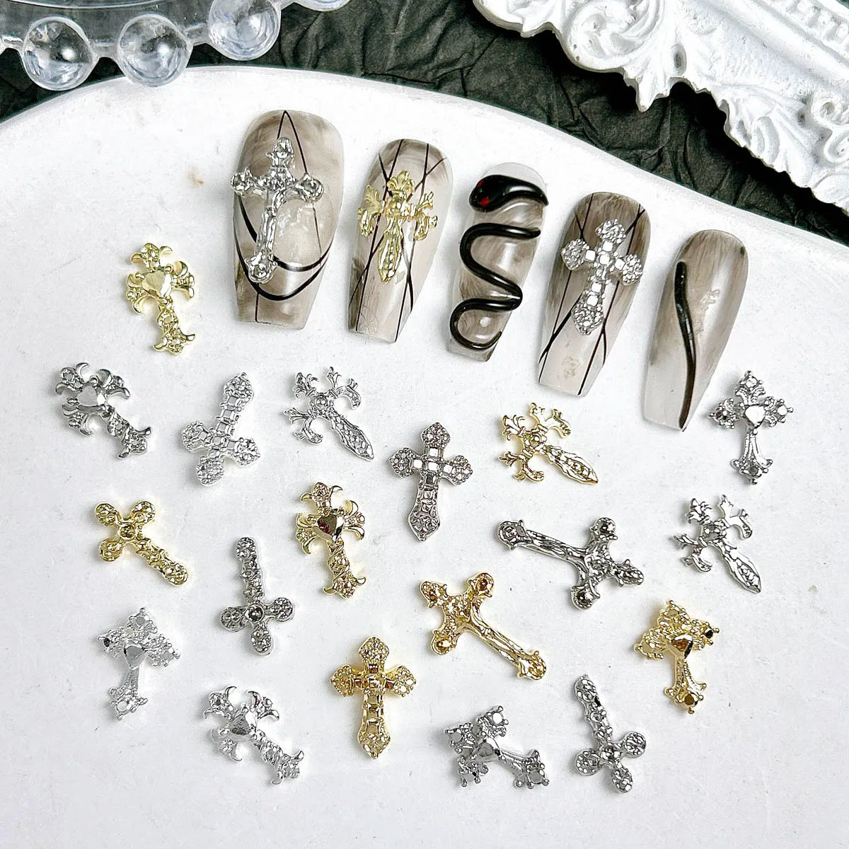 20PCS 3D Light Luxury Classic Cross Nail Charms Creative Exquisite Retro Alloy Cross Nail Art Decorations for DIY Cool Manicure Pi-Mart