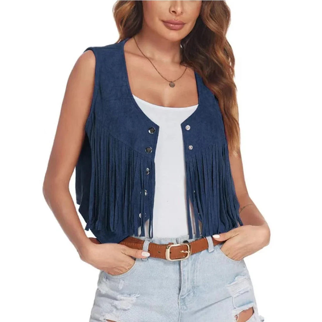 Women Faux Suede Ethnic Sleeveless For Jacket Rivet Fringe Tassels Hippie Open Front Cardigan Vintage Cowgirl Waistcoat Vest LadyShow.Store