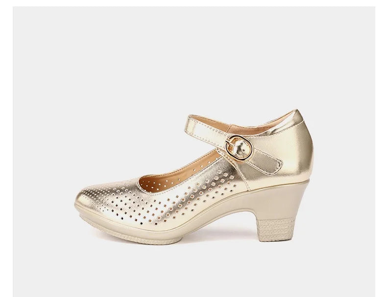 5.5cm 7.5cm Small Size 33 Breathable Cutout Block Heels Shoes Mary Janes 2026 Soft Leather Platform Pumps for Mom Dance Model Pi-Mart