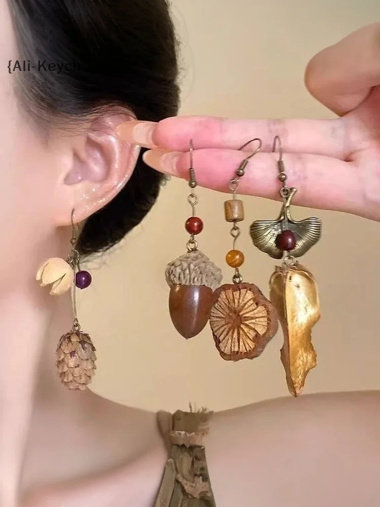 1Pair Vintage Wooden Plant Earring For Women Creative Natural Plant Dried Fruits Drop Earrings Ethnic Jewelry Pi-Mart