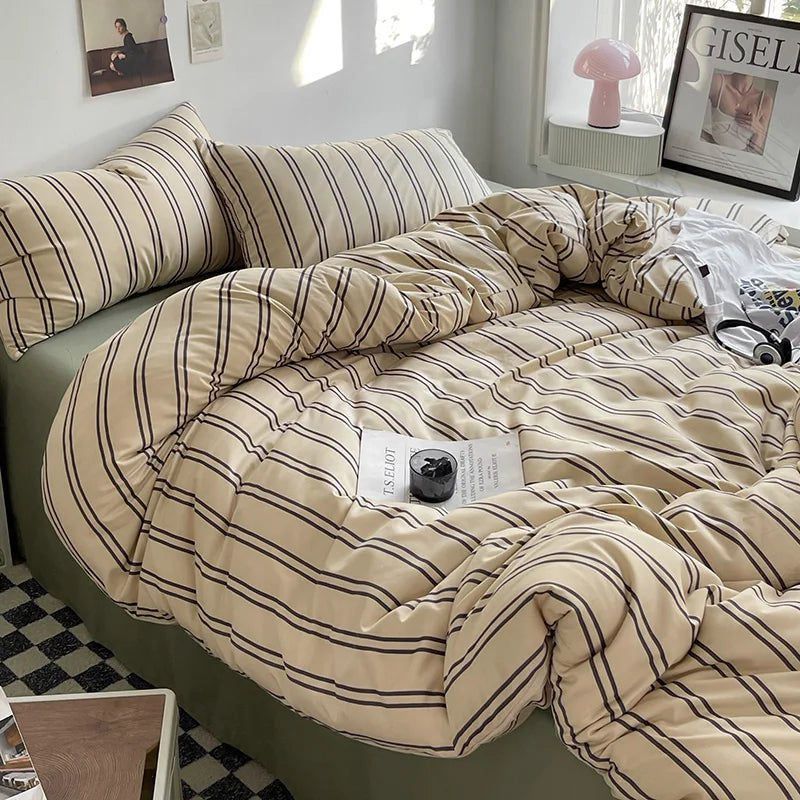 Stripe Bedding Comforter Set with Pillowcase bed sheet Single Full Size Bed Linen Duvet Cover Set Queen/King Double Single Bed LadyShow.Store