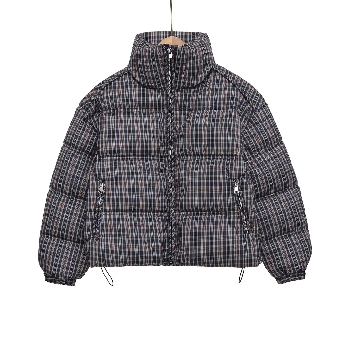 Stylish Plaid Puffer Anorak for Women Winter Brown Padded Jackets High Neck and Long Sleeves Zipper Outwears with Adjustable Hem LadyShow.Store