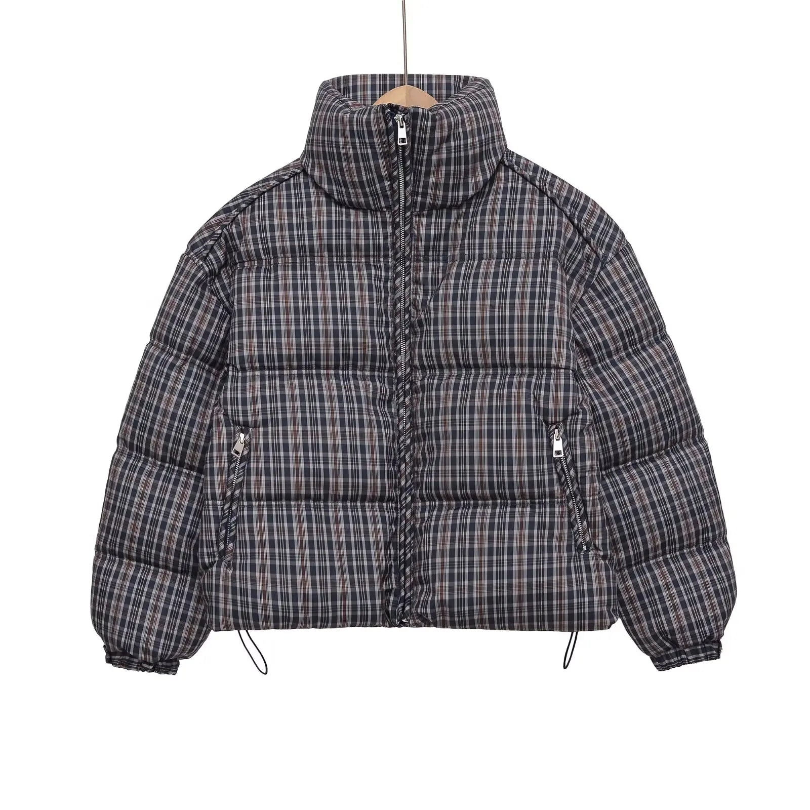 Stylish Plaid Puffer Anorak for Women Winter Brown Padded Jackets High Neck and Long Sleeves Zipper Outwears with Adjustable Hem LadyShow.Store