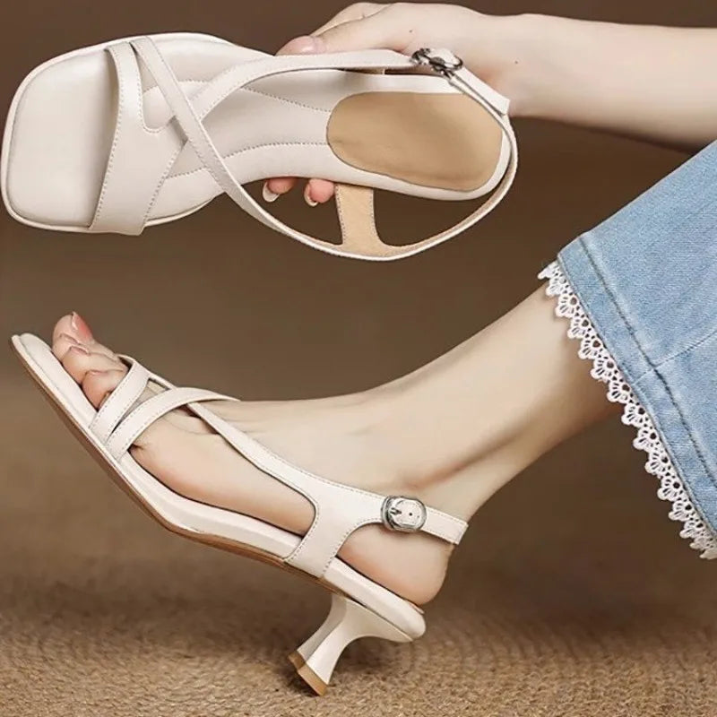 Women's Sandals Fashion Elegant Square Toes Cross Strap Low Heel Sandals Buckle Soft-soled Sandals Women Dress High Heel Shoes LadyShow.Store