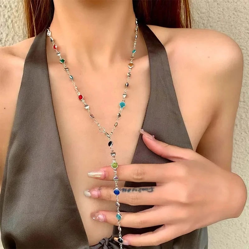 LATS New Luxury Colourful Long Tassel Necklace for Women Shiny Rhinestone Crystal Zircon Choker Bohemian Statement Jewelry Gifts Pi-Mart
