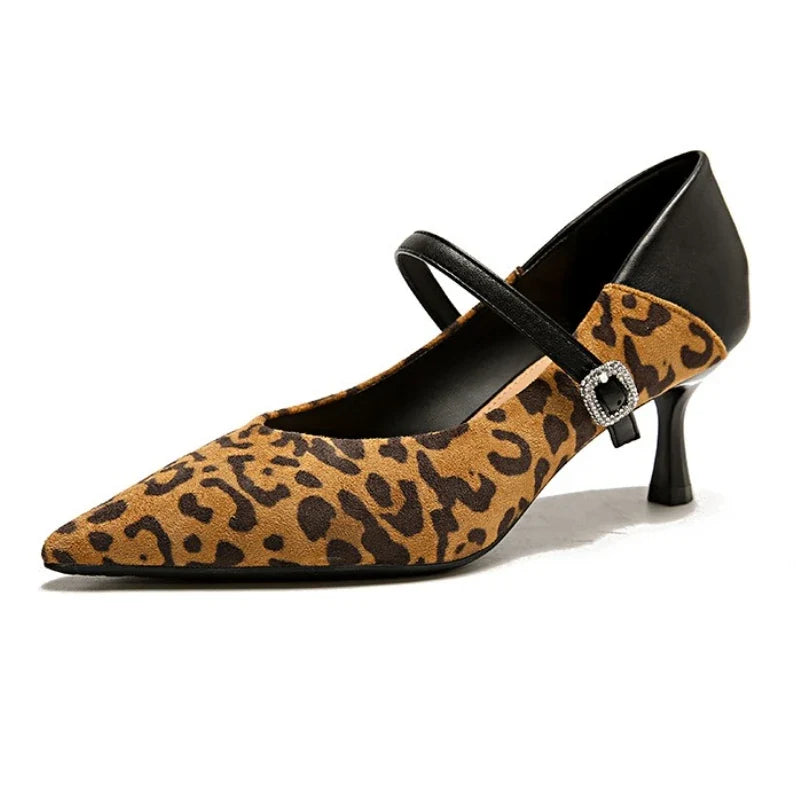 Pointed Toe Leopard Sexy Heels Women Elegant Thin High Heel Designer Pumps Dress Shoes Fashion Buckle Shallow Zapatos De Mujer LadyShow.Store