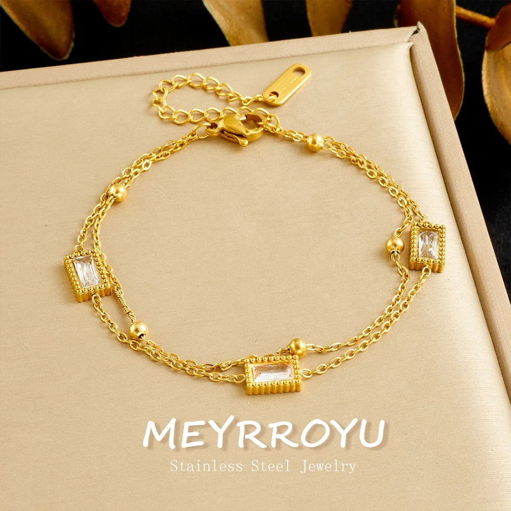 MEYRROYU 316L Stainless Steel White Zircon Inlay Cuboid Series Design Double-Layer Bracelet Women Classic Classy Hand Chain Gift Pi-Mart