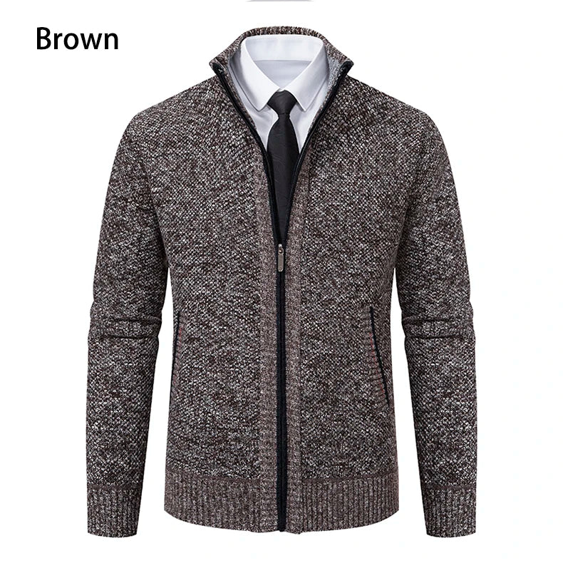 Autumn And Winter New Jersey Men's Casual Sports Coat Solid Color Stand Collar Wweater Grab Fleece Warm Zipper Cardigan Pi-Mart